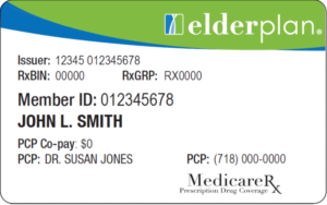 Image of the Elderplan benefits card with sample ID numbers and participant name