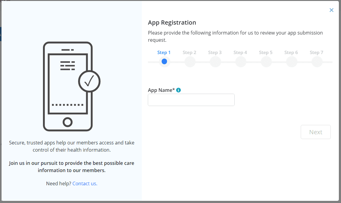 Graphic of phone on the left with app registration steps to the right, field for App Name