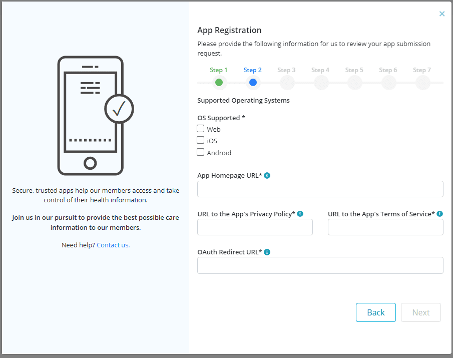 App registration steps graphic with fields for supported operating systems and additional detail fields