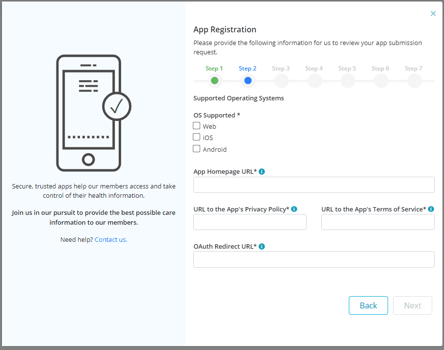4-AppRegistrationStep2 App registration steps graphic with fields for supported operating systems and additional detail fields
