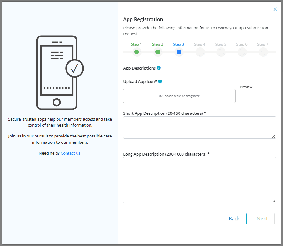 5-AppRegistrationStep3 App registration progress bar with description fields
