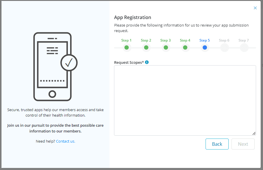 7-AppRegistrationStep5 App registration process with Requested Scopes field