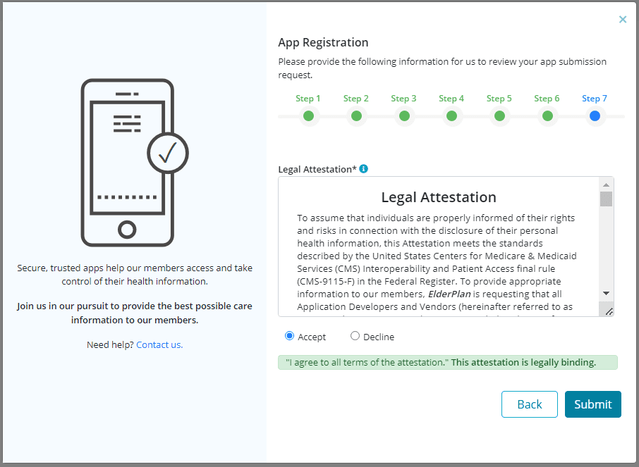 8-AppRegistrationStep6 App registration process with Legal Attestation statement and Accept/Decline radio buttons