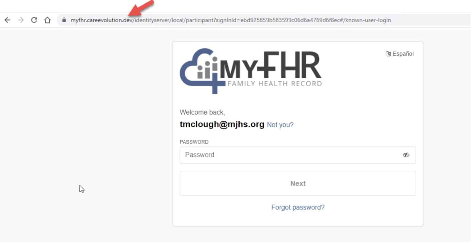 Screenshot of the myfhr.careevolution.com login screen with inputs for password and a next button