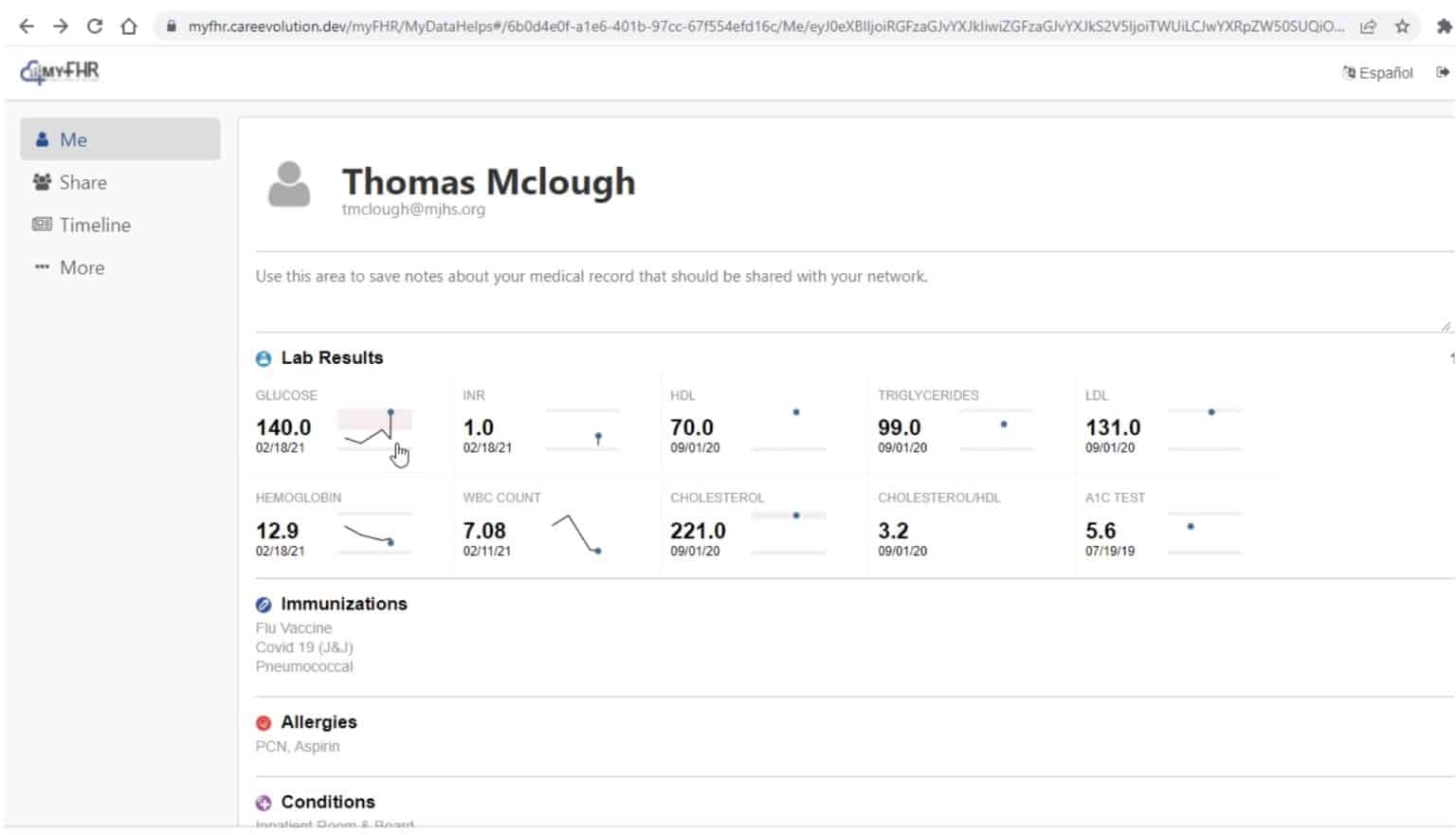 Screenshot of the myfhr.careevolution.com website Me page with first and last name, email address, and a lab results data