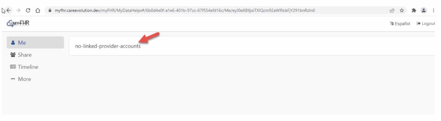 Screenshot of the myfhr.careevolution.com website Me page with no-linked-provider-accounts pointed out