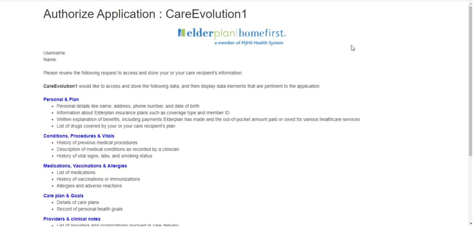 CareEvolution authorize application screen with details about using the app