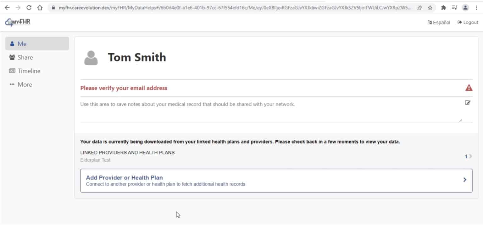 Screenshot of the myfhr.careevolution.com website Me page with first and last name, email address, and a message showing data is being downloaded