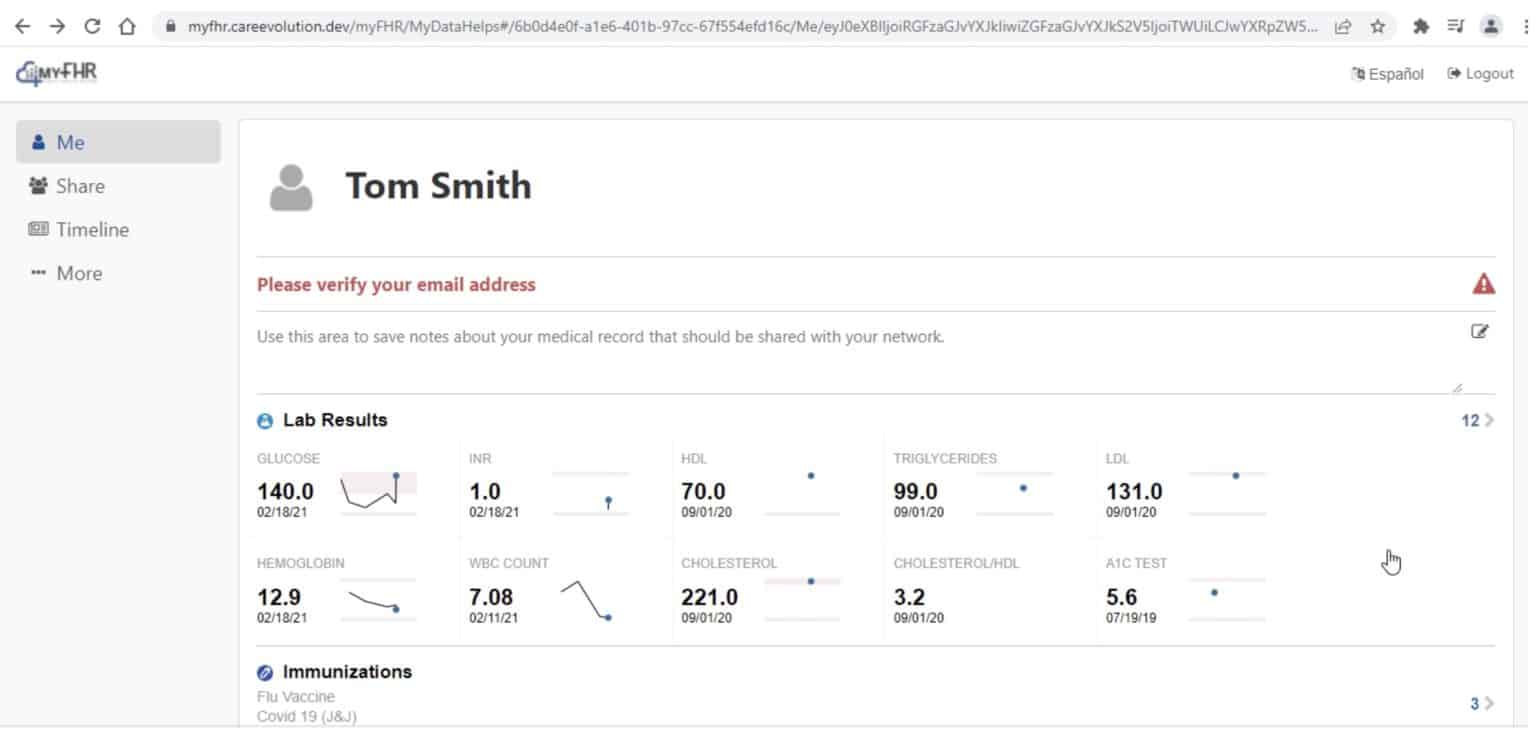 Screenshot of the myfhr.careevolution.com website Me page with first and last name, email address, and a lab results data that has been imported