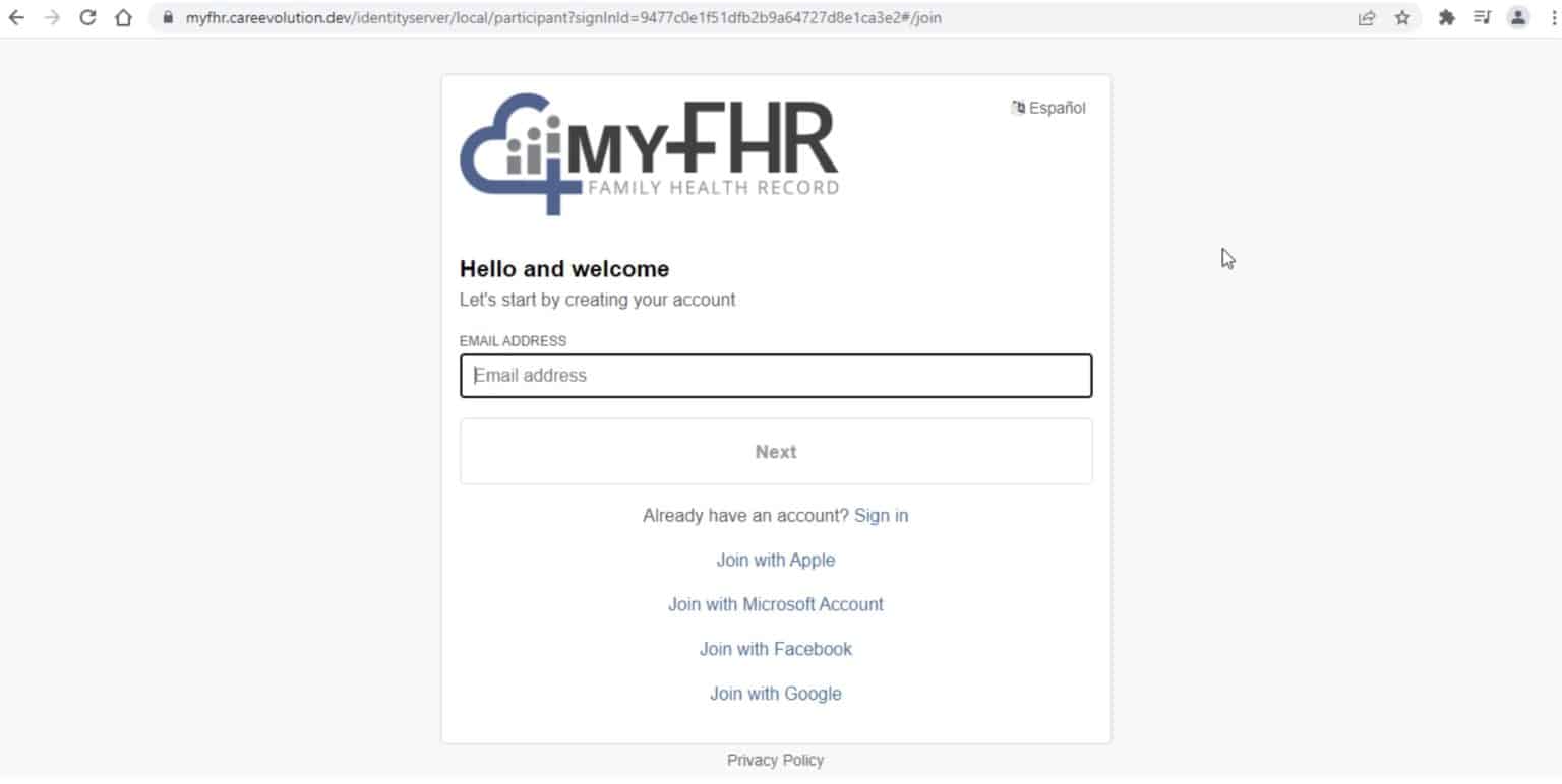 Screenshot of the myfhr.careevolution.com website with a white pop-up window asking a user to enter email address