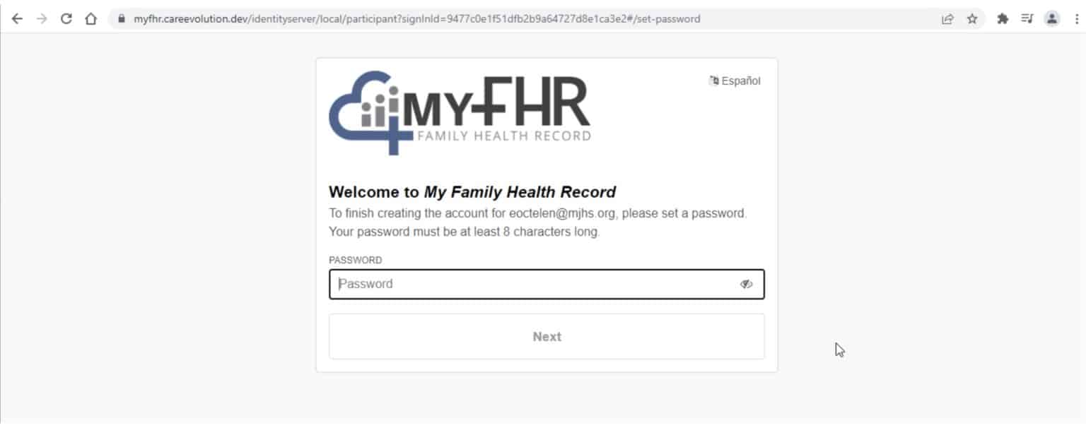 Screenshot of the myfhr.careevolution.com website with a white pop-up window asking a create a password