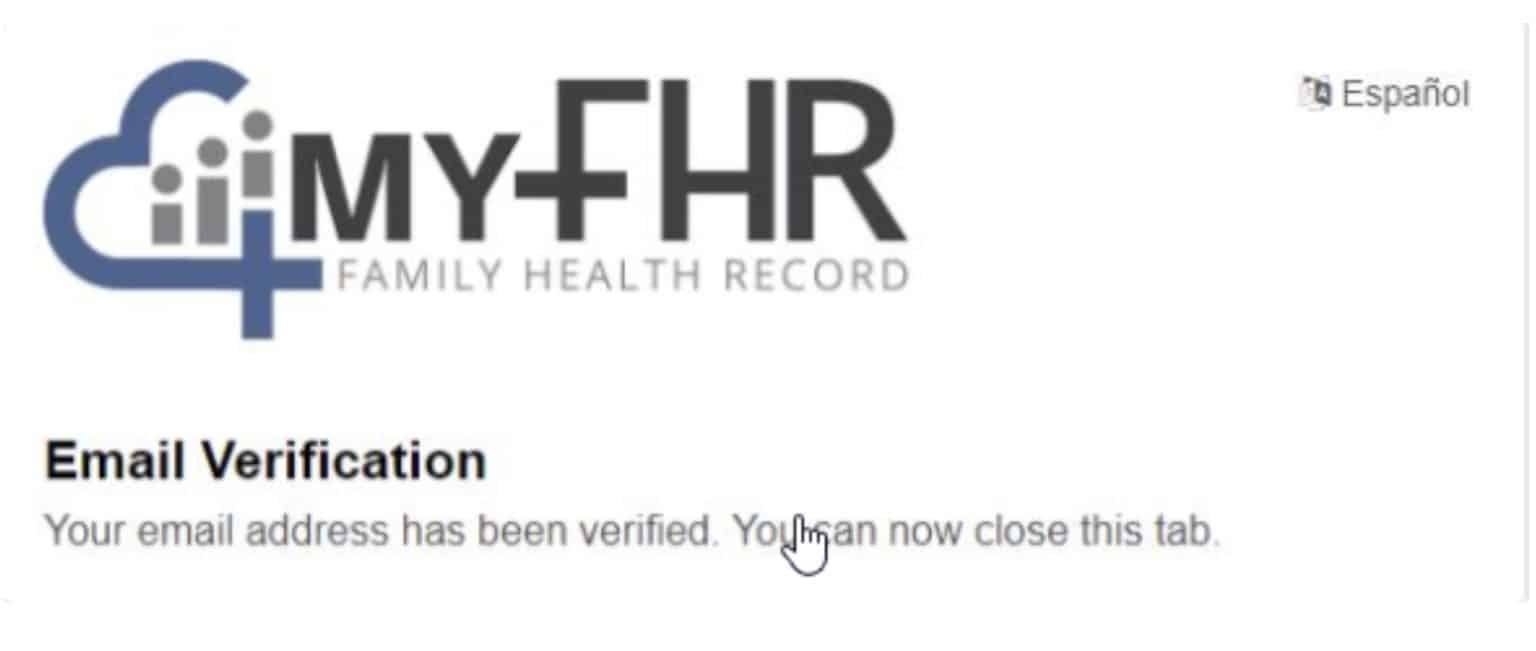 Screenshot of the myfhr.careevolution.com website with a white pop-up window showing the email verification process is completed after clicking the link in the email