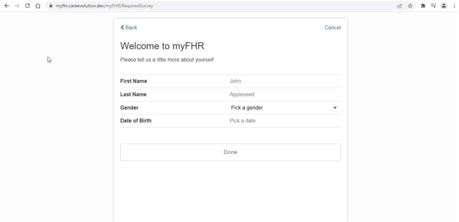 Screenshot of the myfhr.careevolution.com website welcome page with name fields, gender dropdown, date of birth and done button