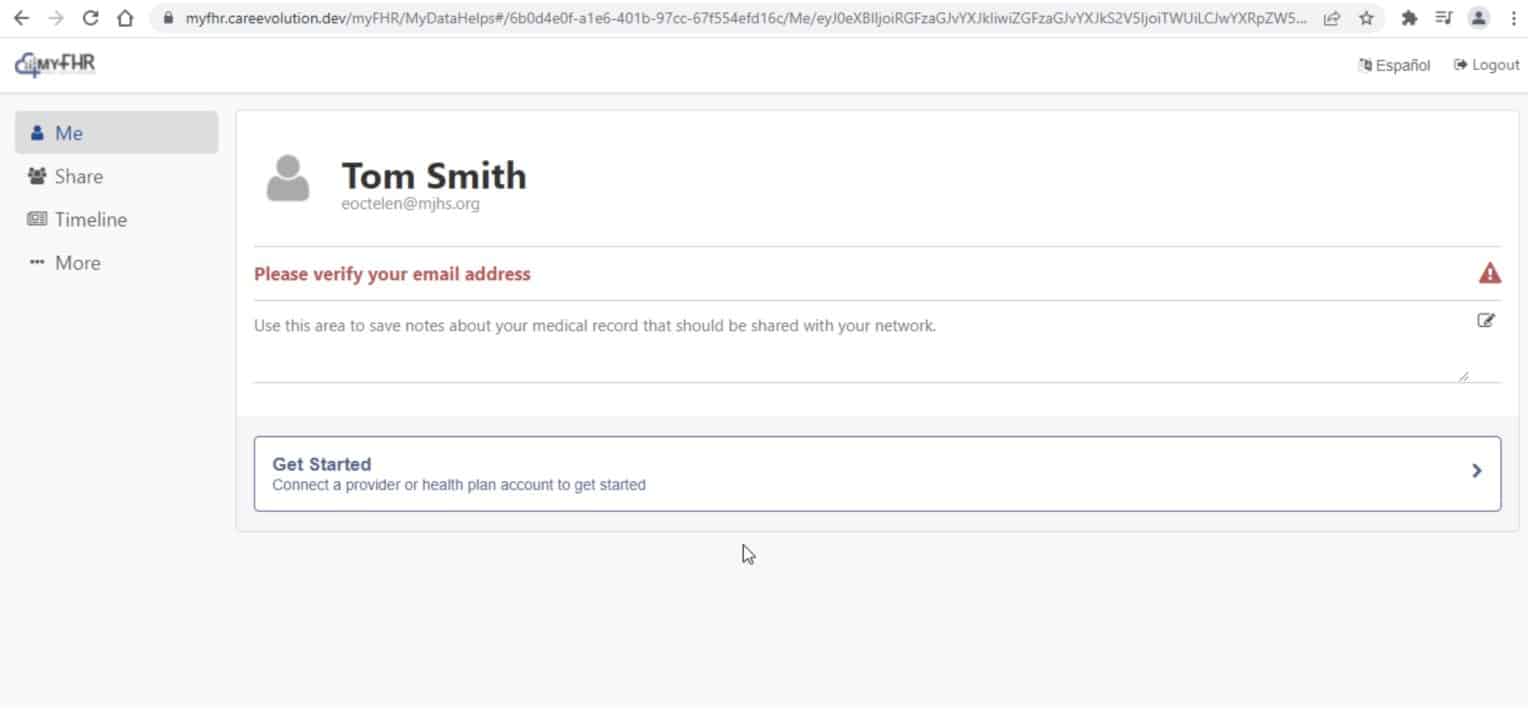 Screenshot of the myfhr.careevolution.com website Me page with first and last name, email address, and button to get started at the bottom