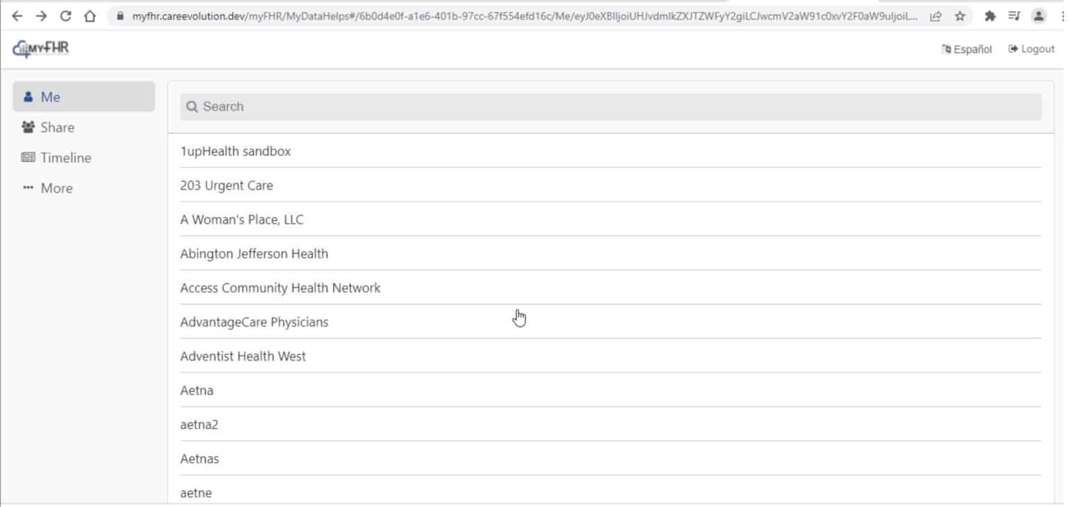 Screenshot of the myfhr.careevolution.com website search page with a list of plan names