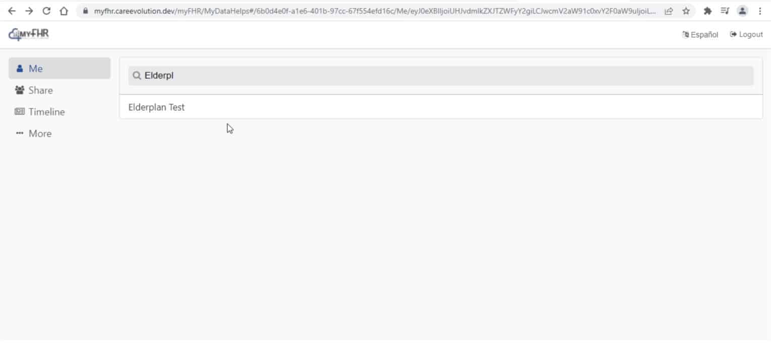 Screenshot of the myfhr.careevolution.com website search page showing "Elderpl" typed into the search bar with the result of Elderplan underneath