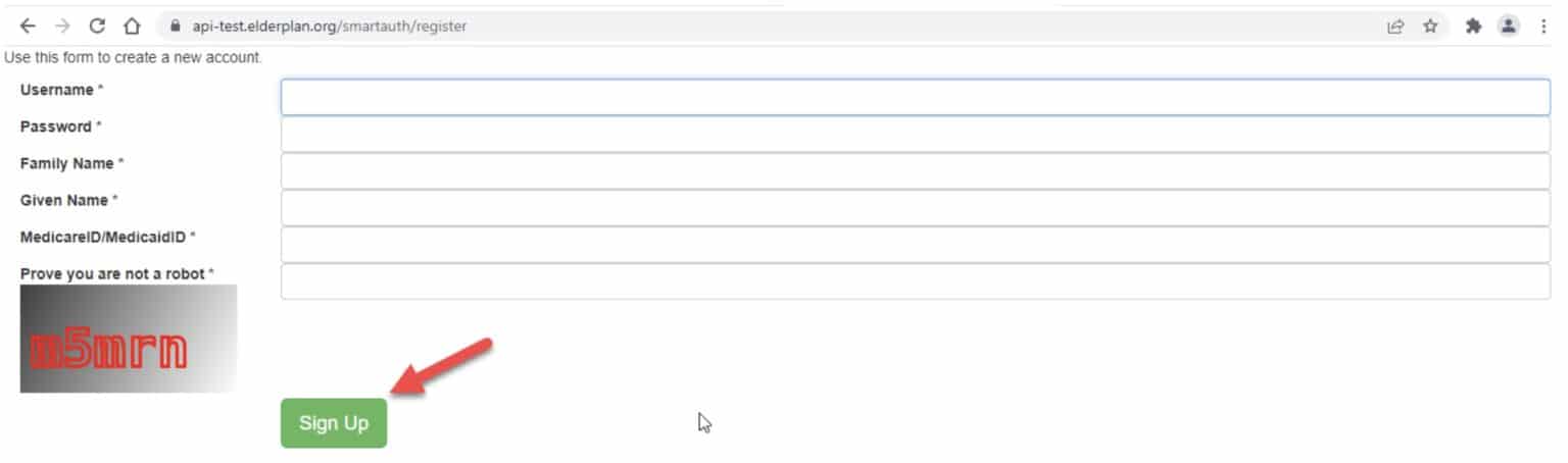 CareEvolution screen requesting input of username, password, family and given names, Medicare or Medicaid ID, and security verification