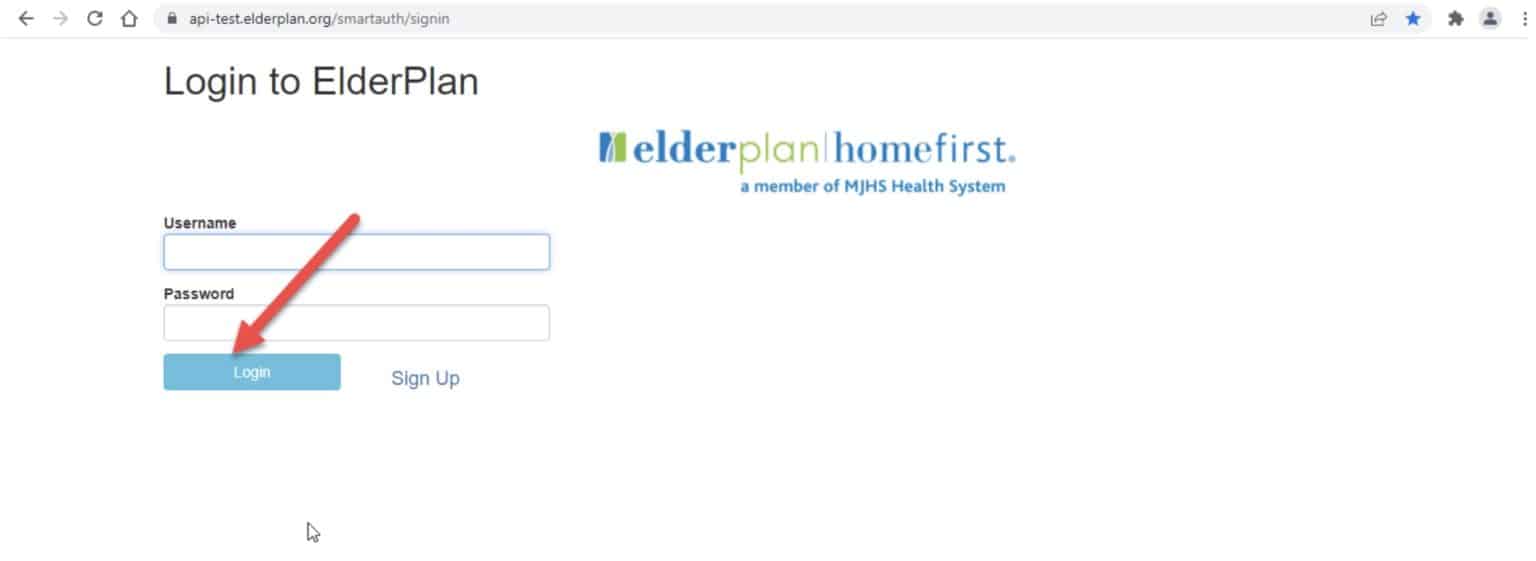 Screenshot of the ElderPlan login/sign up page