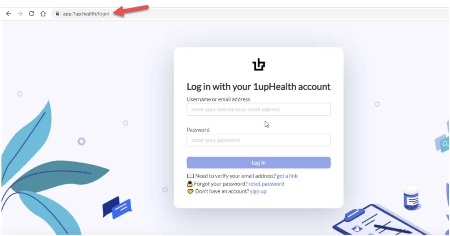 Screenshot of the 1upHealth.com login screen with inputs for username and password and a login button