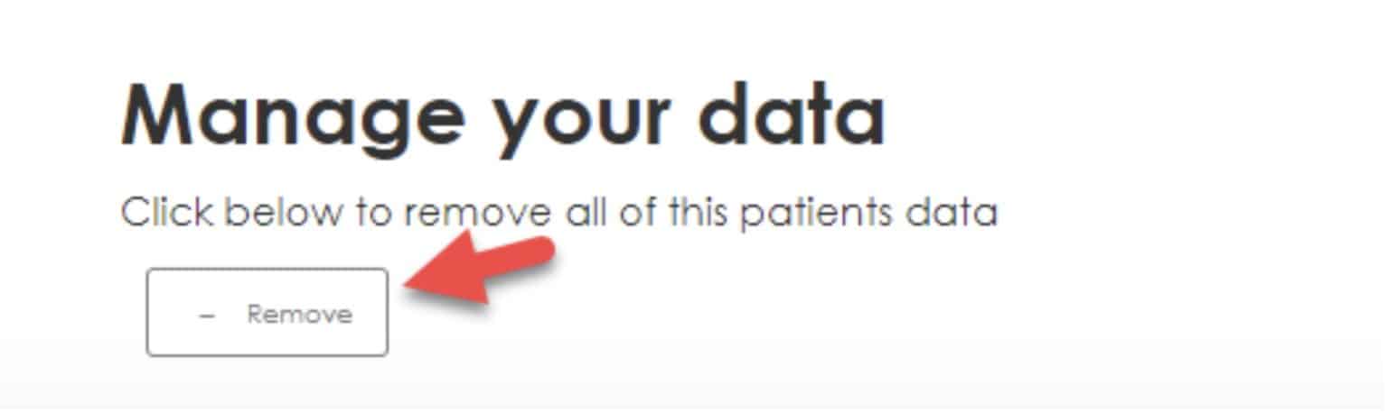Pantalla de administración de datos de 1upHealth.com con el botón para eliminar datos