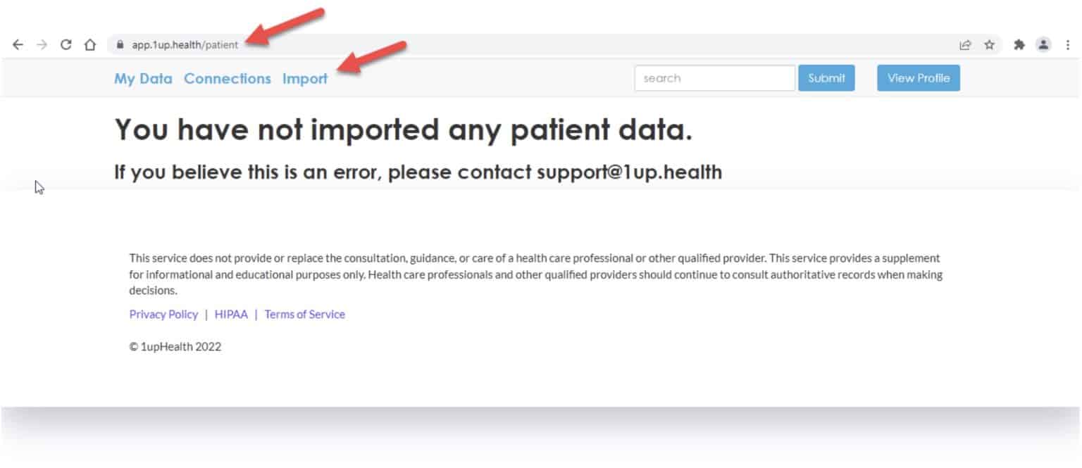 Pantalla de datos del paciente de 1upHealth.com con la opción de importar datos