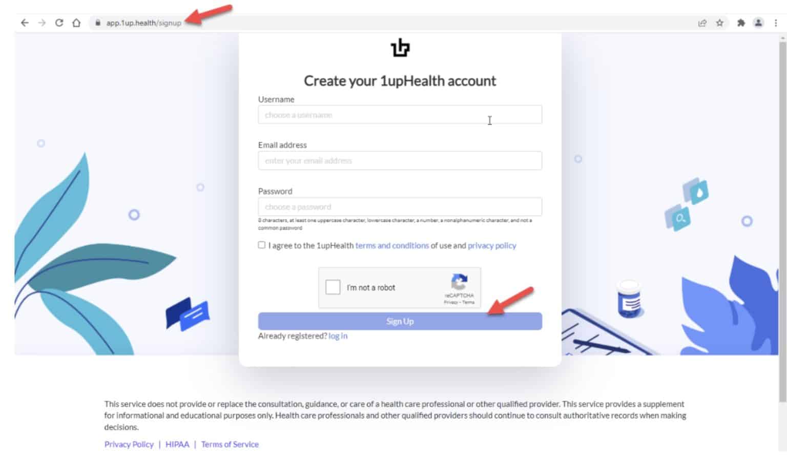 Screenshot of the 1upHealth.com website with a white pop-up window asking a user to enter user name, email address, and password to create an account