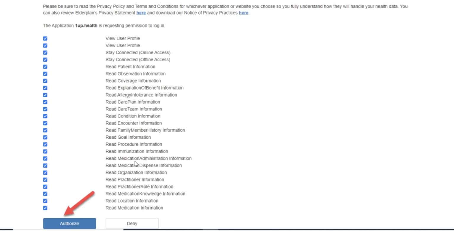 List of checkboxes on 1upHealth.com authorization page for the data to be authorized for import