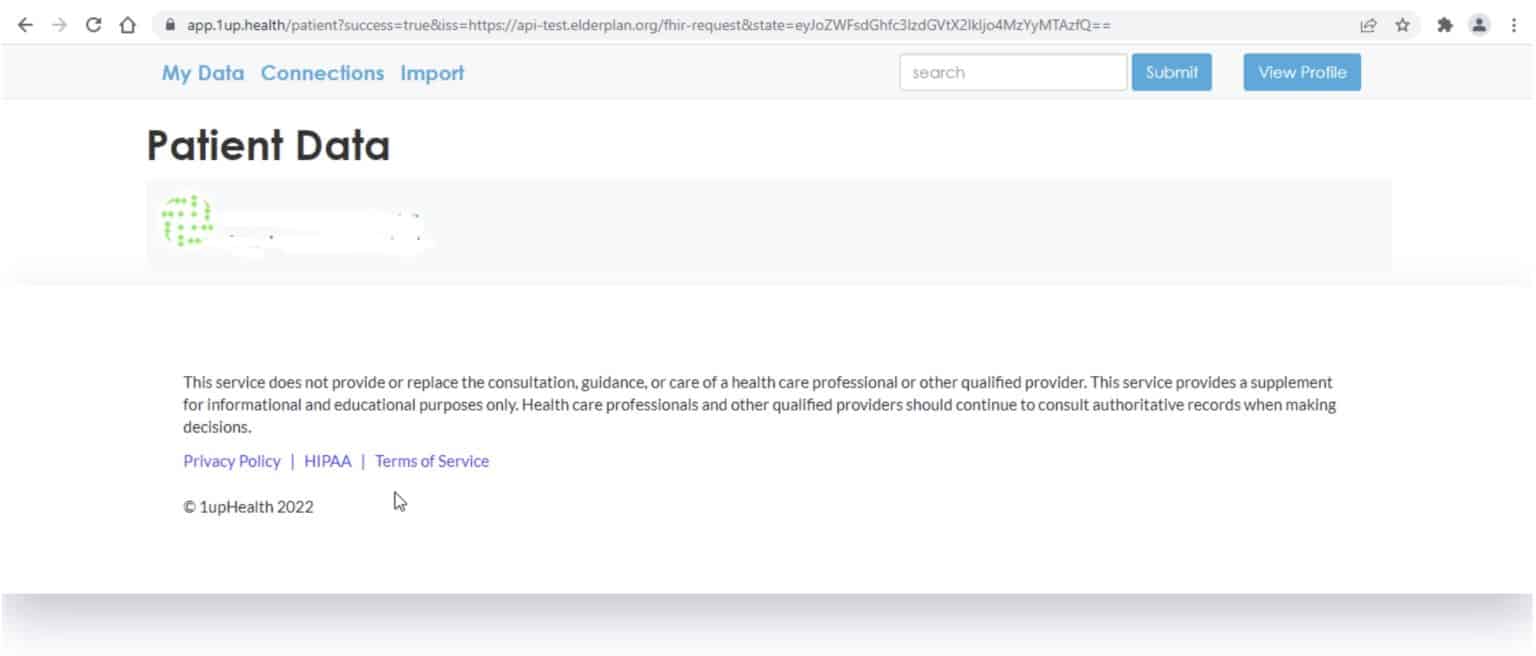 1upHealth.com Patient Data screen where your records will be available