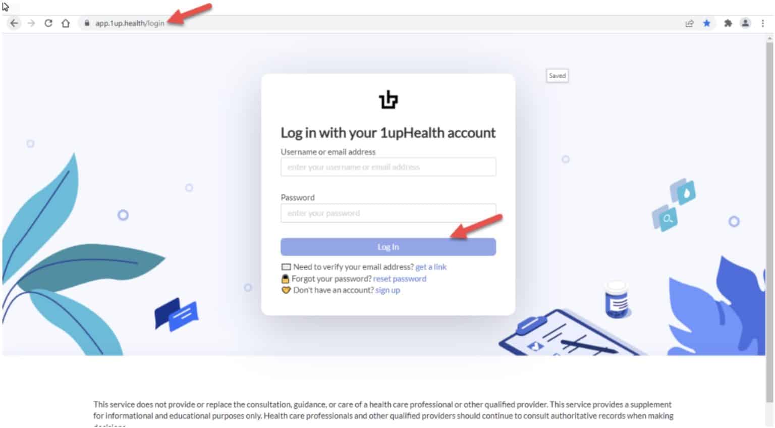 Log in page on 1upHealth.com site with fields for username or email address and password, and a login button