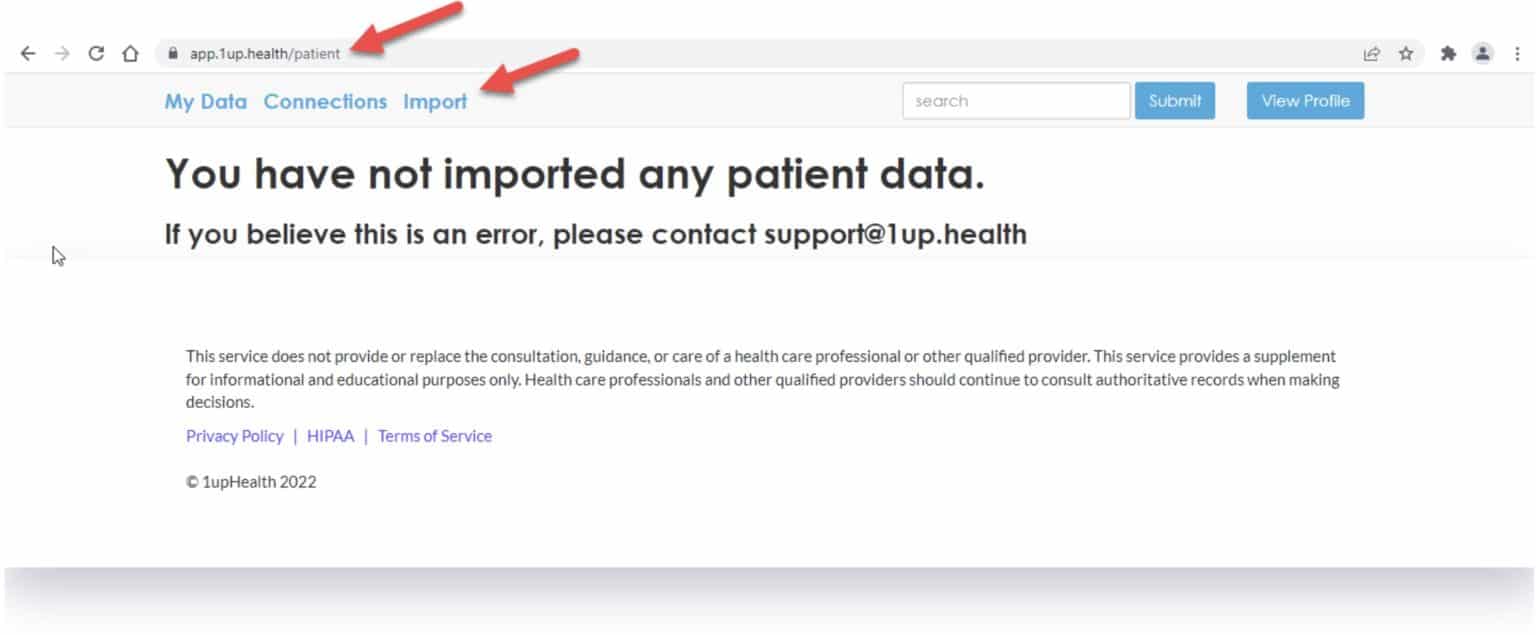 Captura de pantalla del sitio 1upHealth.com, con un enlace para importar sus datos de salud