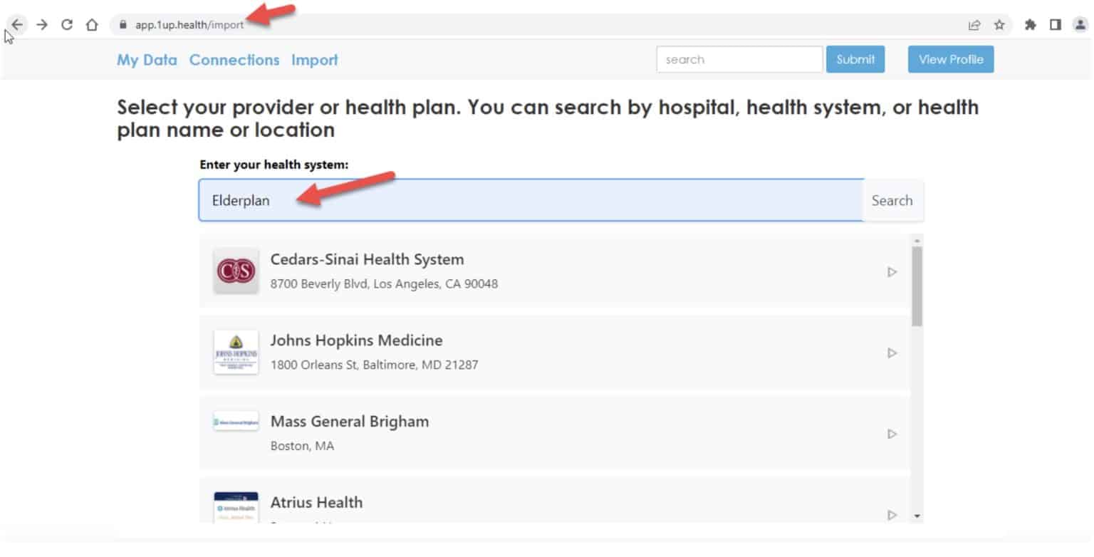 Screenshot of the import screen with the option to select your health system