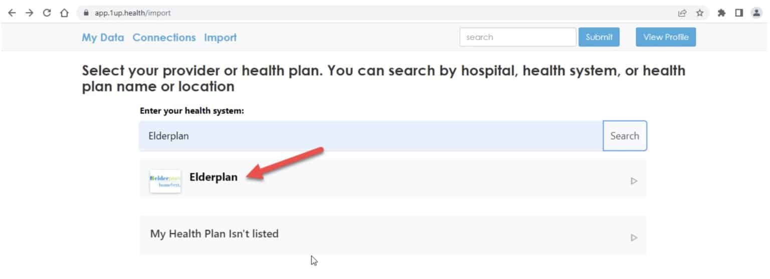 Captura de pantalla del sitio web 1upHealth.com con Elderplan seleccionado como sistema de salud