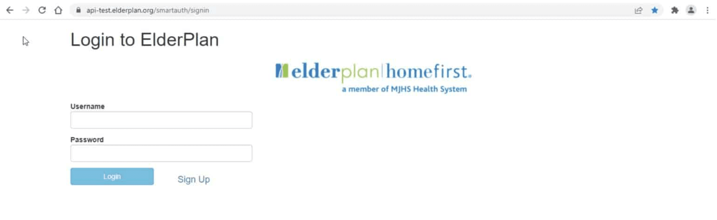 Sign up screen for Elderplan account registration