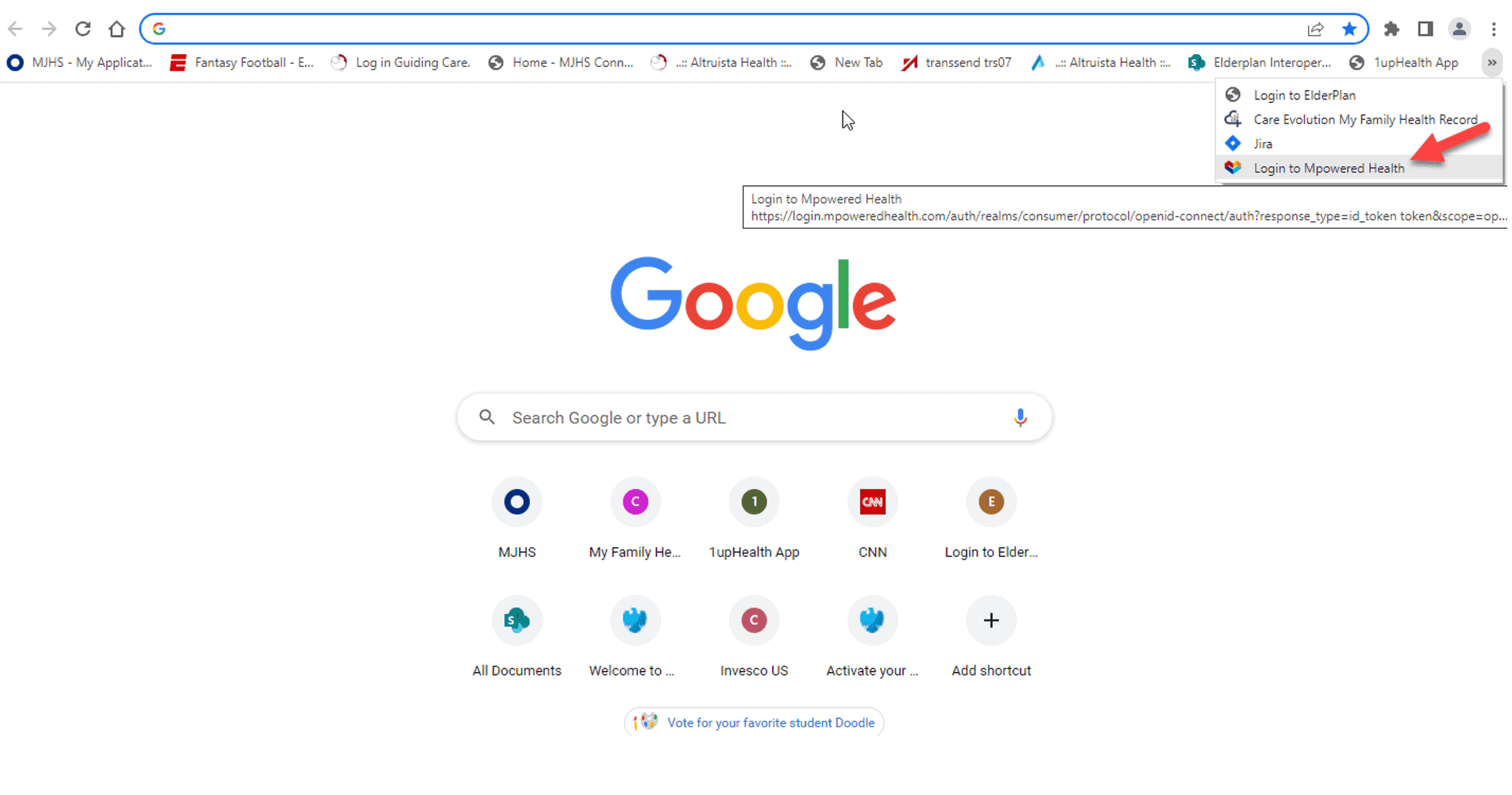 Pantalla de inicio de Google con un ícono de la aplicación Mpowered Health