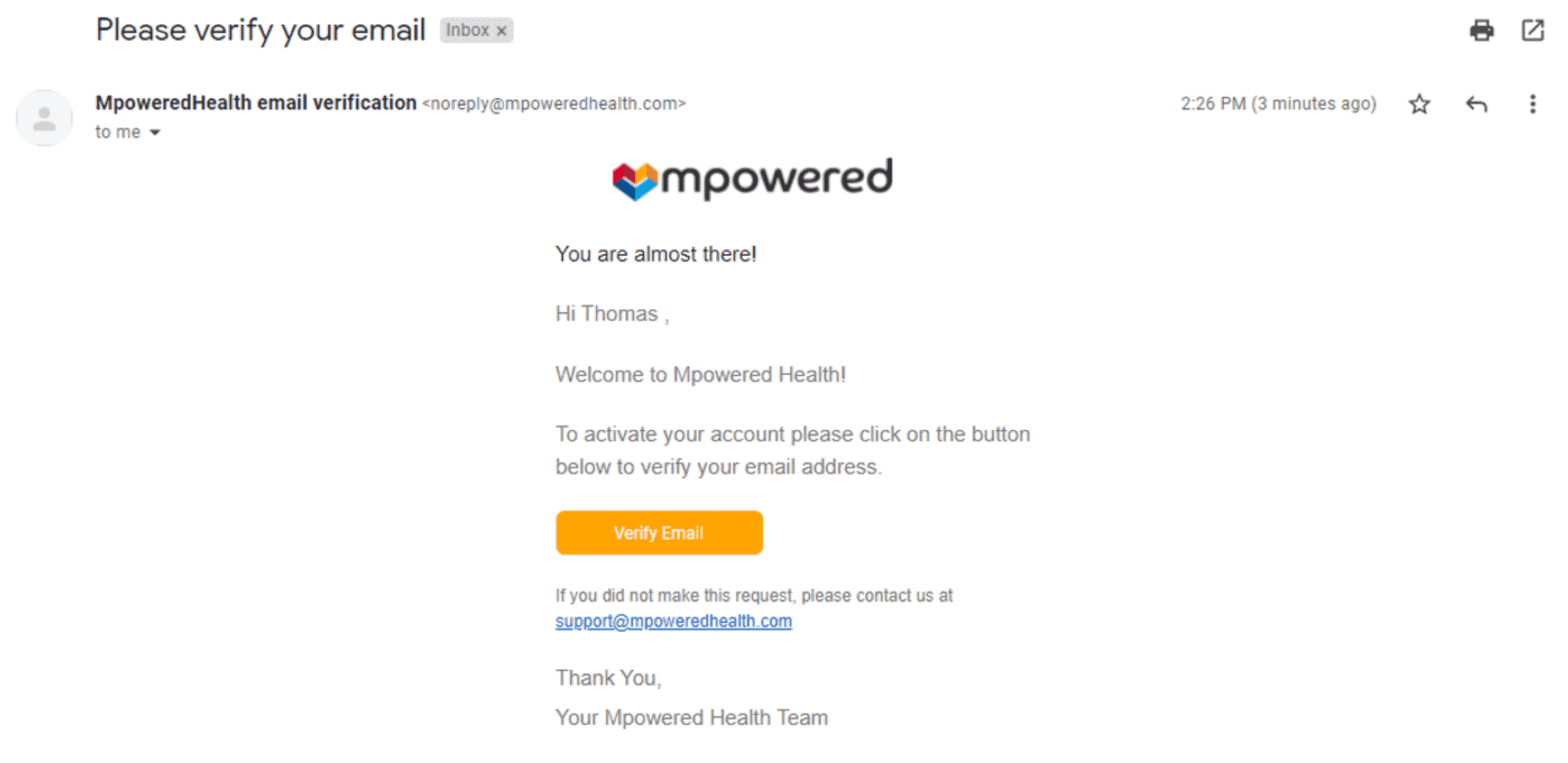 Ejemplo de correo electrónico en el que se explica cómo activar una cuenta de Mpowered Health