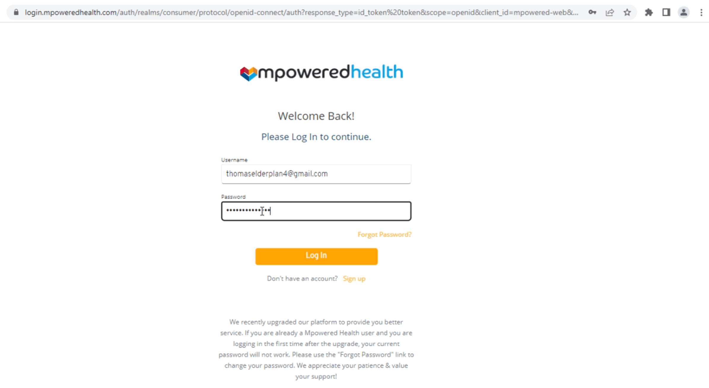Pantalla de inicio de sesión en Mpowered Health con campos para el nombre de usuario y la contraseña, y un botón de inicio de sesión
